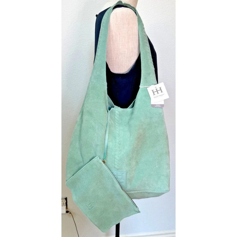 Haute Hippie Style Festival Suede Hobo Bag Green Braided Details Interior Pouch